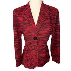 Misook Red Boucle Cardigan Sweater Rhinestones One Button Medium‎ Church Boss